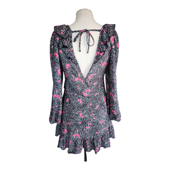 TopShop Black Pink Floral Mini Dress Ruffles Roses Romantic Boho 6 - Picture 3 of 9